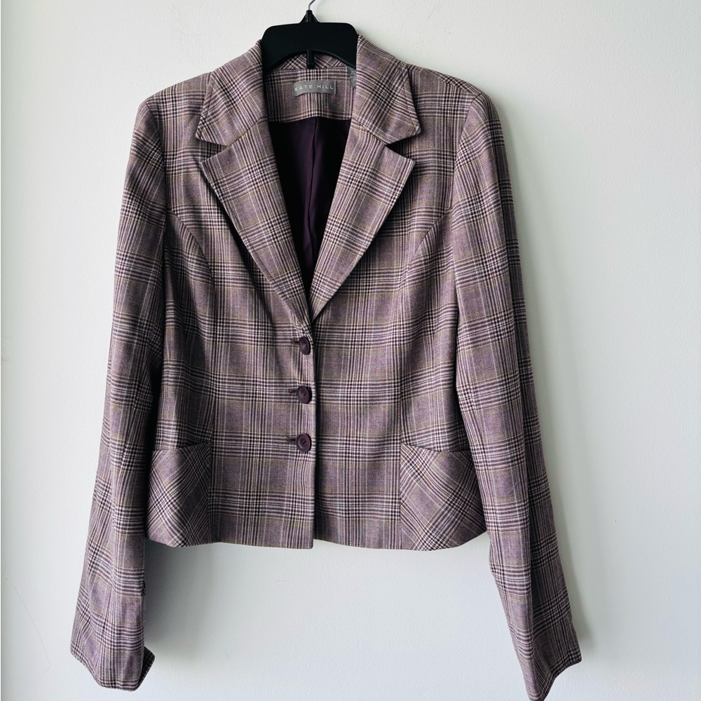 VTG Kate Hill Blazer Purple Plaid 3 Button Womens 12 Preppy Academia Office 90s